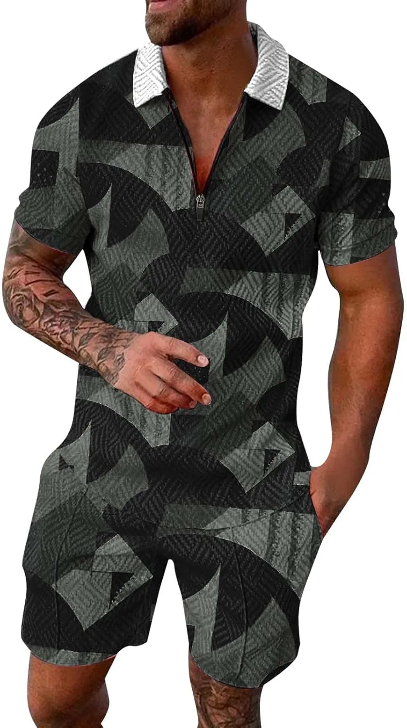 Mens 2-Piece Casual Summer Outfit Polo Shirt and Shorts Set for Beach Sport Set for Men