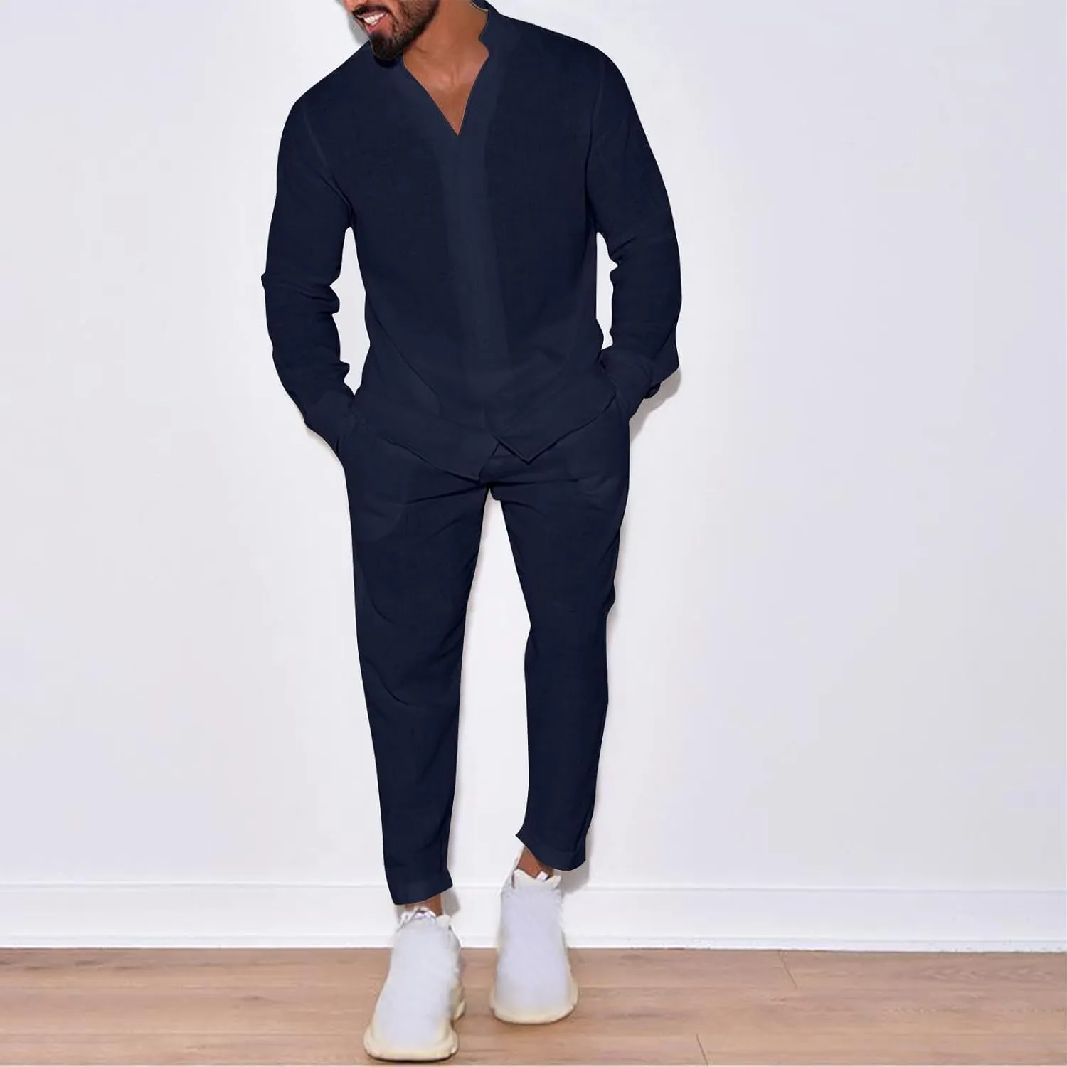 Mens Cotton Linen Shirts and Pants 2PC Set Plus Size Fashion Blouse Tops Wide Leg Trouser Summer Beach Casual Suit