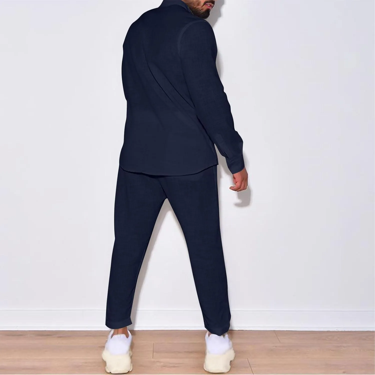 Mens Cotton Linen Shirts and Pants 2PC Set Plus Size Fashion Blouse Tops Wide Leg Trouser Summer Beach Casual Suit