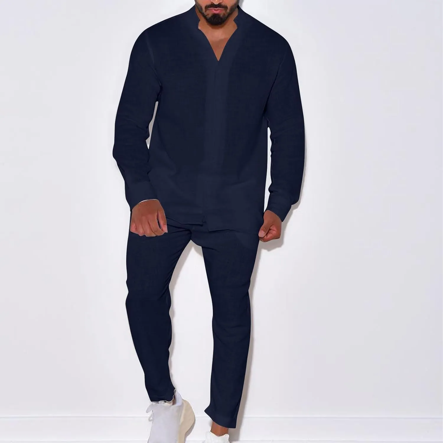 Mens Cotton Linen Shirts and Pants 2PC Set Plus Size Fashion Blouse Tops Wide Leg Trouser Summer Beach Casual Suit