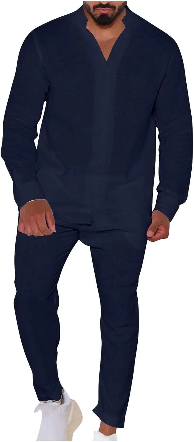 Mens Cotton Linen Shirts and Pants 2PC Set Plus Size Fashion Blouse Tops Wide Leg Trouser Summer Beach Casual Suit
