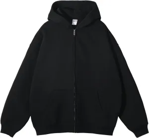 Mens Hoodie Pullover Zip Up Drop Shoulder Oversized Jacket Teens Preppy Loose Casual Fleece Drawstring Pullover Tops