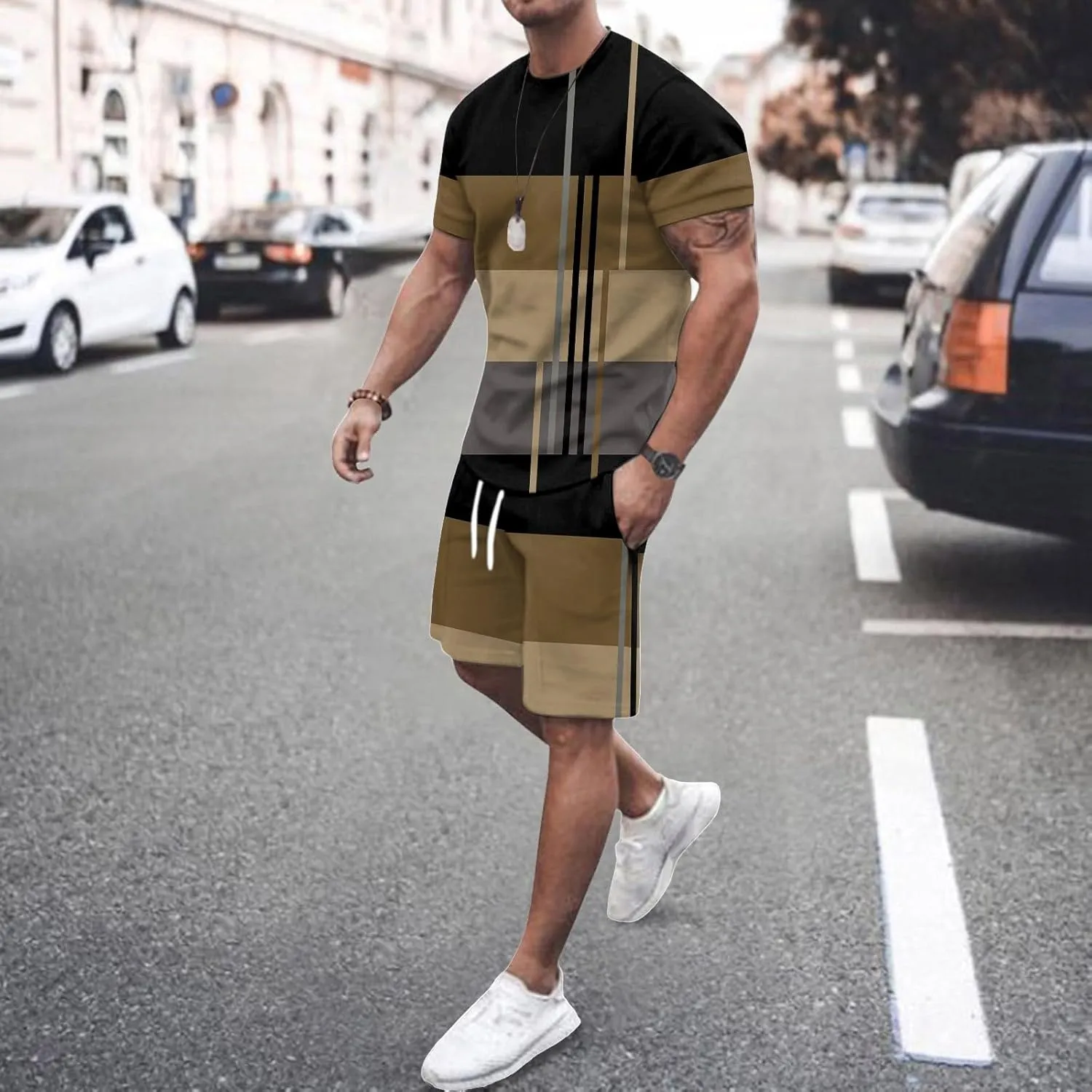 Mens Medical Scrub Tops Mens Graphic Print Outfits Set 2 Piece Shirt Drawstring Shorts Suit Set Summer Sets