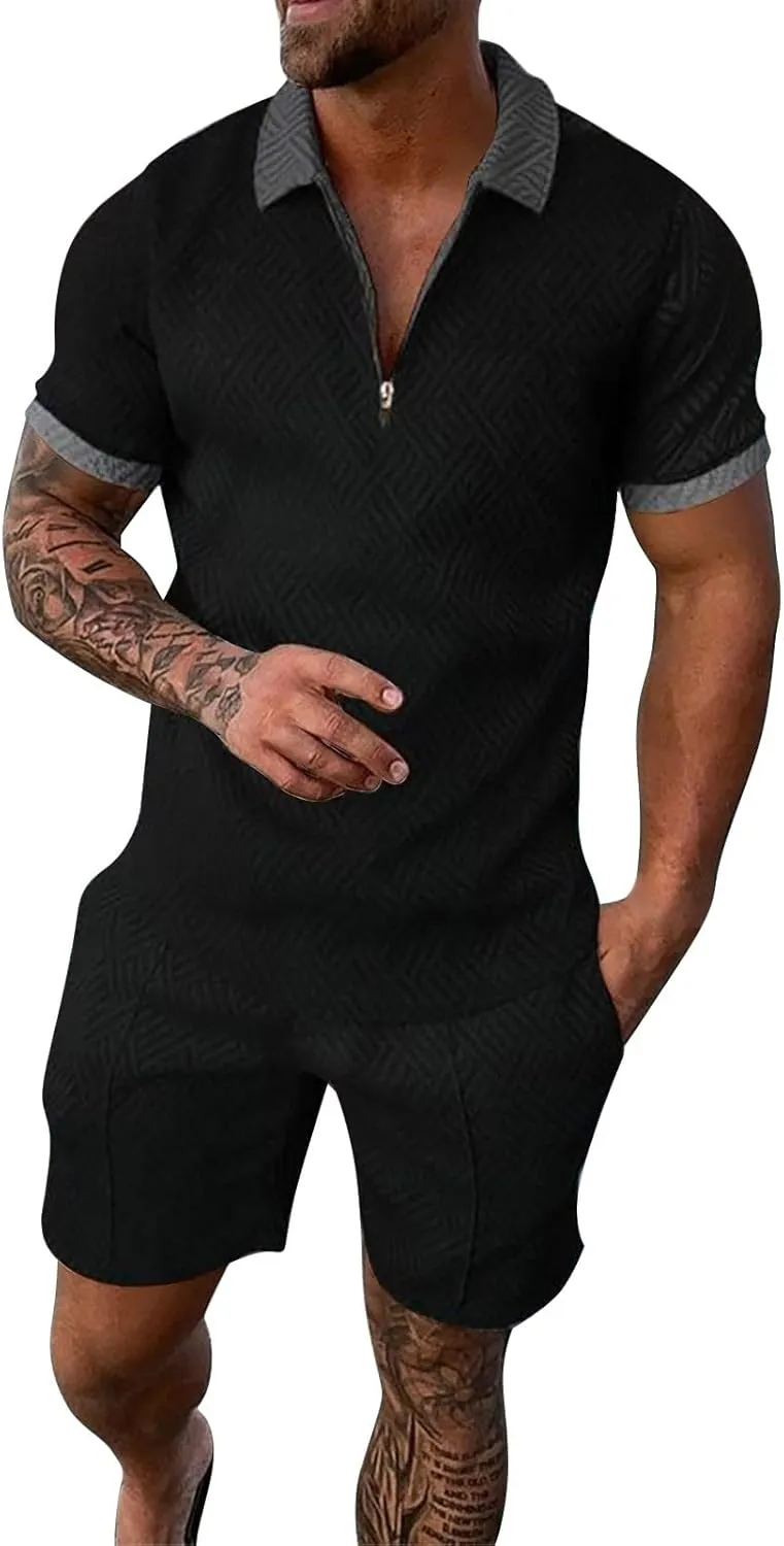 Mens Short Sets 2 Piece Outfits Zip up Polo Shirt Summer Tracksuits Casual Short Sleeve and Shorts Set for Men
