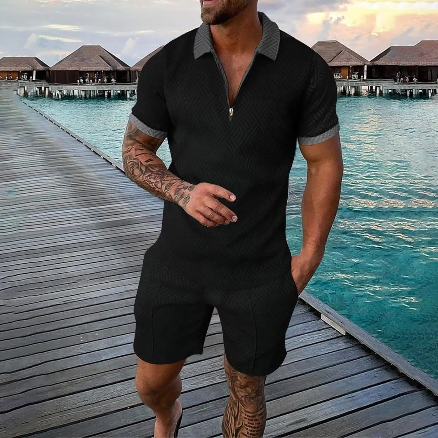 Mens Short Sets 2 Piece Outfits Zip up Polo Shirt Summer Tracksuits Casual Short Sleeve and Shorts Set for Men