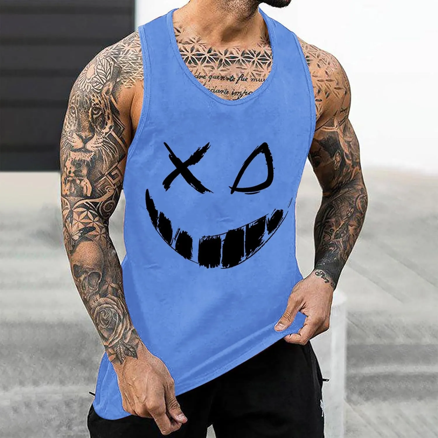 Mens Tank Tops Funny X-Smile-Face Print Casual Muscle Tank Tops Summer Gym Fitness Workout Sleeveless Athletic T-Shirts