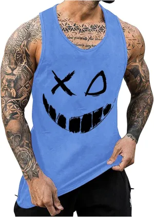 Mens Tank Tops Funny X-Smile-Face Print Casual Muscle Tank Tops Summer Gym Fitness Workout Sleeveless Athletic T-Shirts
