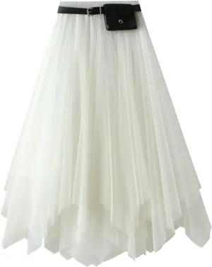 Mesh Layered Midi Irregular Tulle Skirt Women Summer High Waist Up Party Petticoat Skirt Women's Elegant Tutu