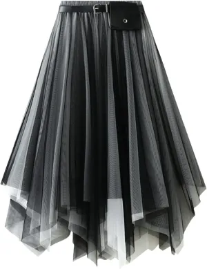 Mesh Layered Midi Irregular Tulle Skirt Women Summer High Waist Up Party Petticoat Skirt Women's Elegant Tutu