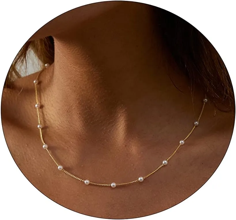 MIDEEO Dainty Pearl Necklaces for Women 14K Gold Plated Pearl Necklaces Pearl Chain Necklace Exquisite Choker Jewelry Gifts