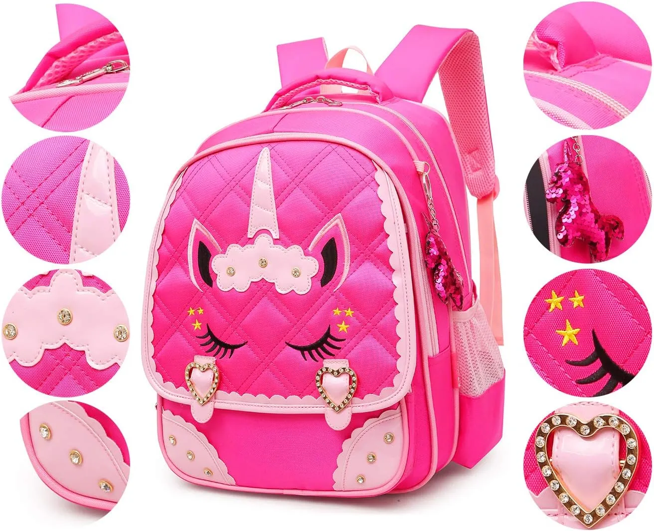 Moonmo Cute Unicorn Face Diamond Sequins Waterproof Princess School Backpack Set Girls Book Bag