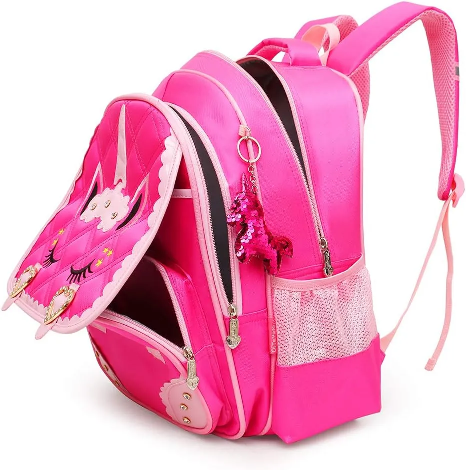 Moonmo Cute Unicorn Face Diamond Sequins Waterproof Princess School Backpack Set Girls Book Bag