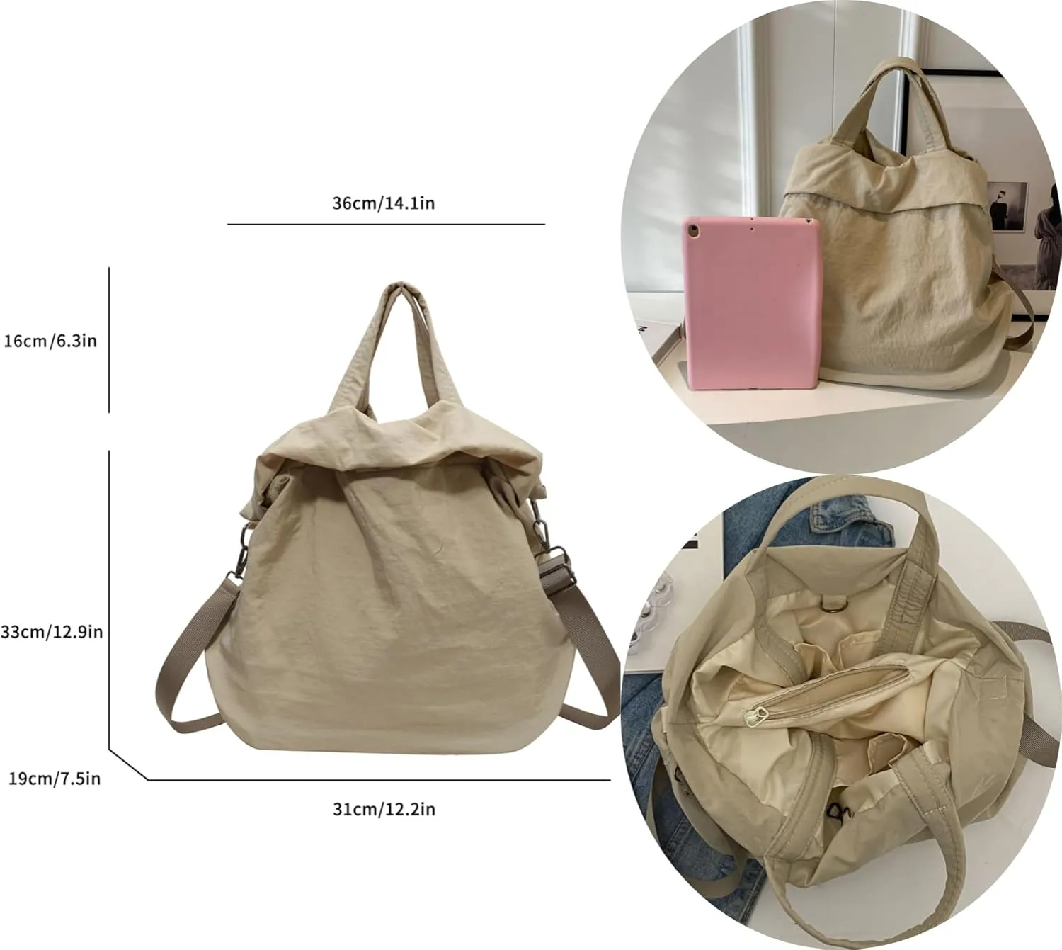 Multi Hobo Bags Nylon Shoulder Crossbody Bag for Women, Totes Handbags for Gym Work Traveling (Black)