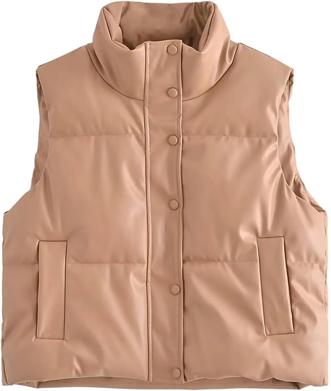 NATHGAM Women's Cropped Vest Jacket Long Sleeve Button Puffer Jacket Winter Quilted Short Stand Collar Down Coat with Pockets
