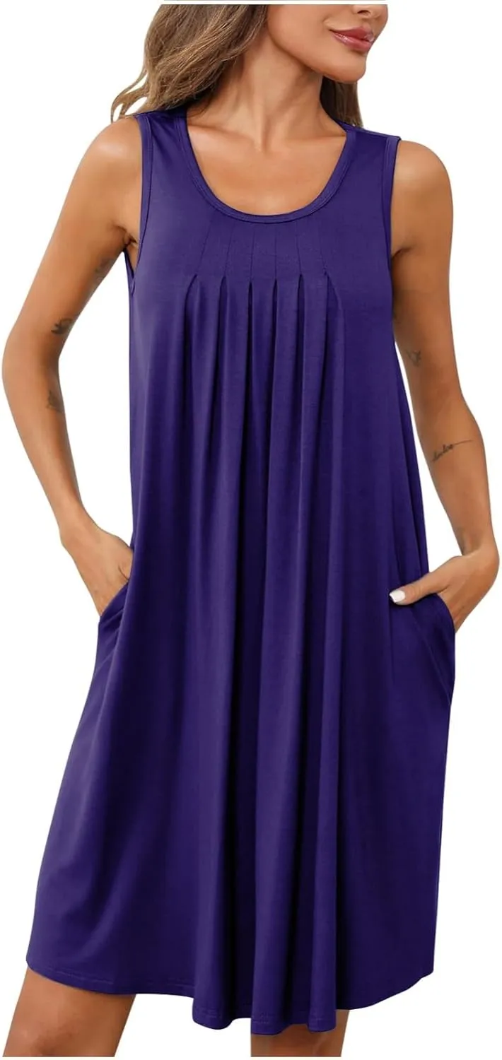 Nightgowns for Women Soft Comfy Sleepwear Casual Scoop Neck Sleeveless Pleated Sleepshirts Short Mini Nightdress with Pockets
