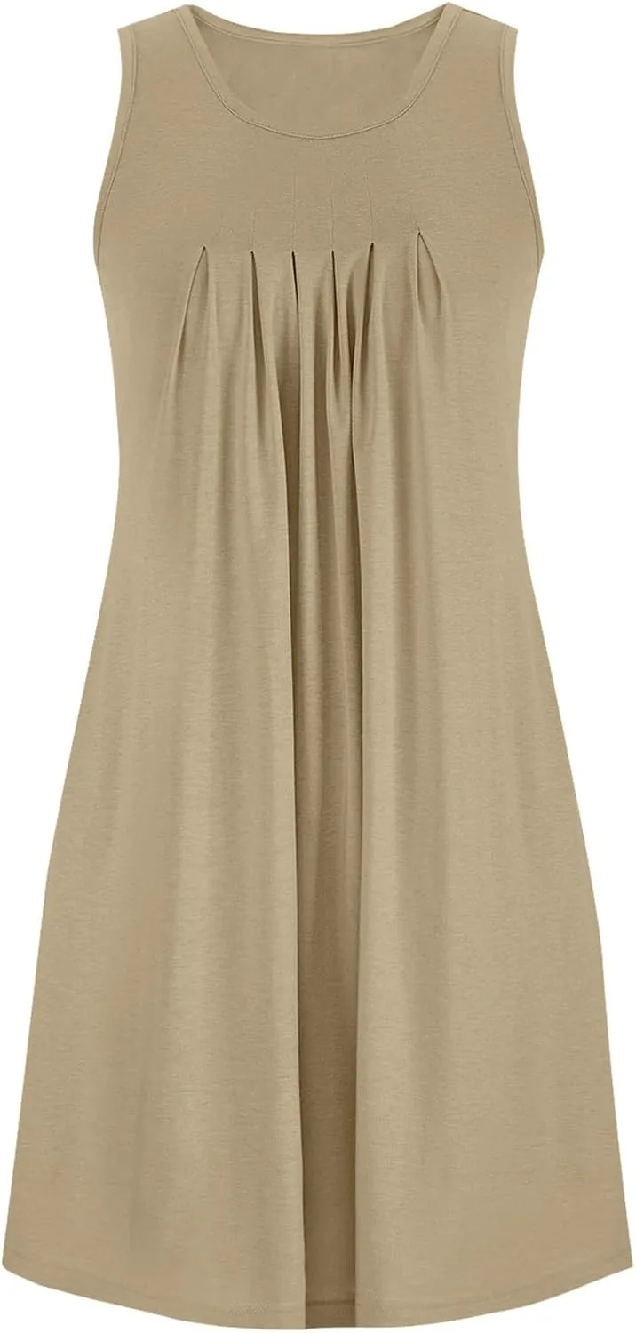 Nightgowns for Women Soft Comfy Sleepwear Casual Scoop Neck Sleeveless Pleated Sleepshirts Short Mini Nightdress with Pockets