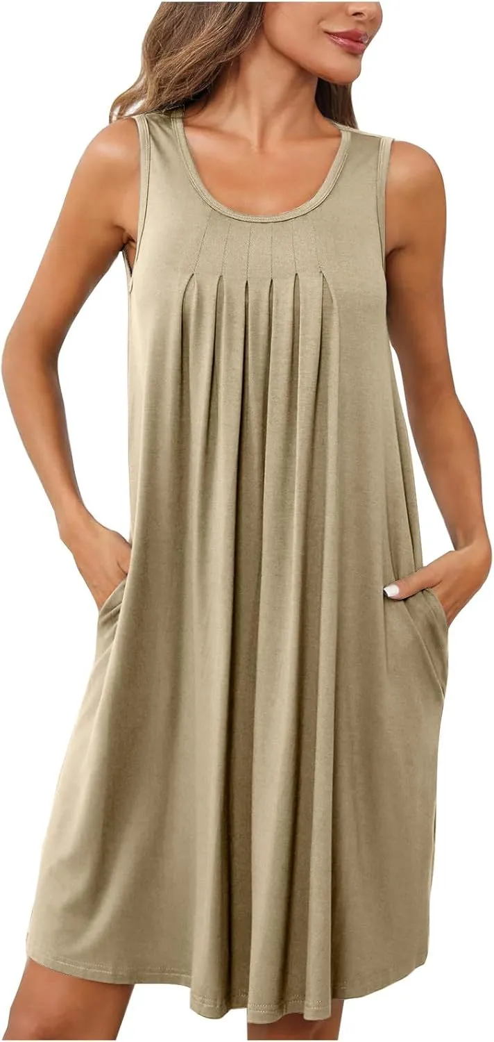 Nightgowns for Women Soft Comfy Sleepwear Casual Scoop Neck Sleeveless Pleated Sleepshirts Short Mini Nightdress with Pockets