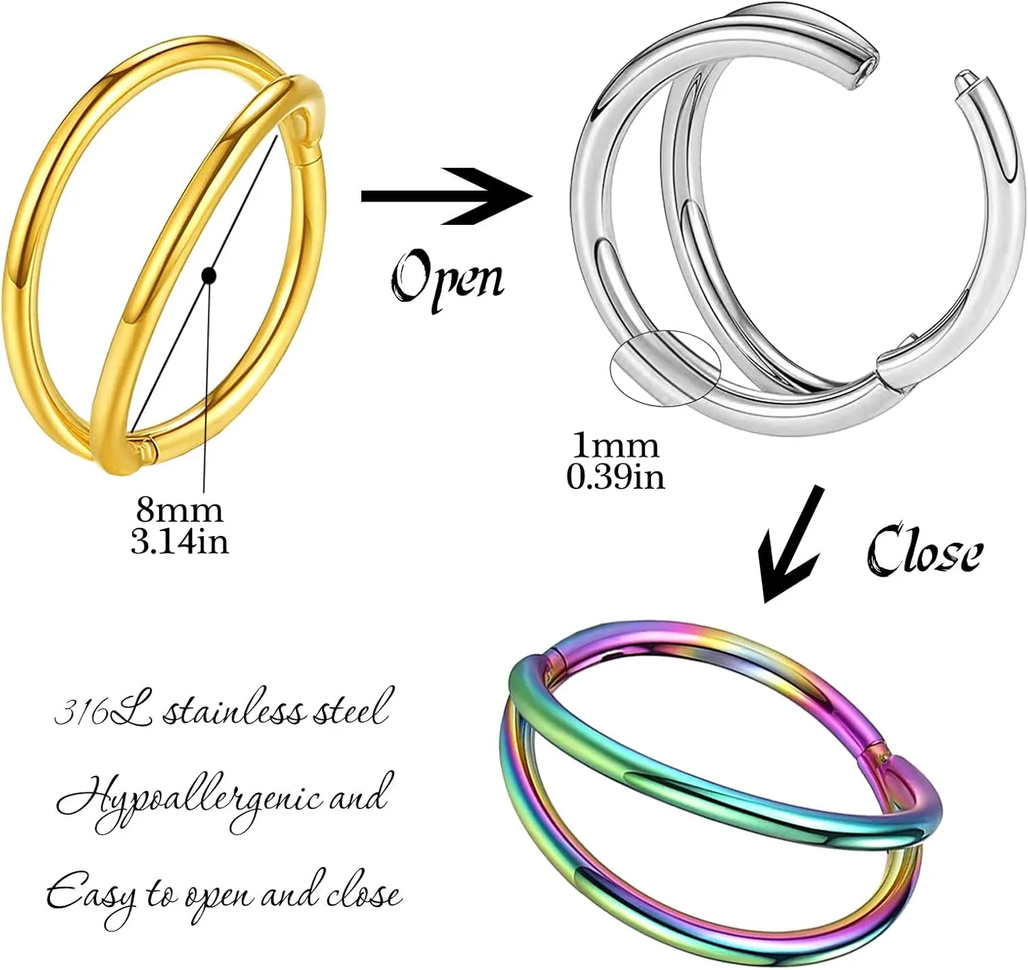 Nose Rings Double Septum Clicker Cartilage Hoop Earring Surgical Steel Piercing Open Stacked for Women and Men