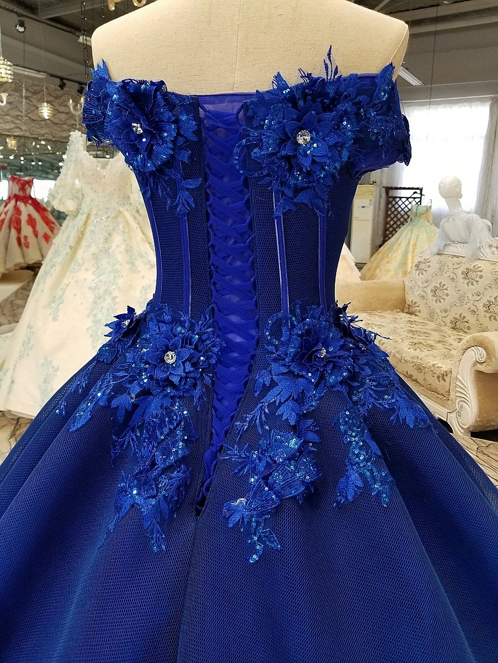 Off-The-Shoulder Royal Blue Evening Dresses With 3D Floral Lace