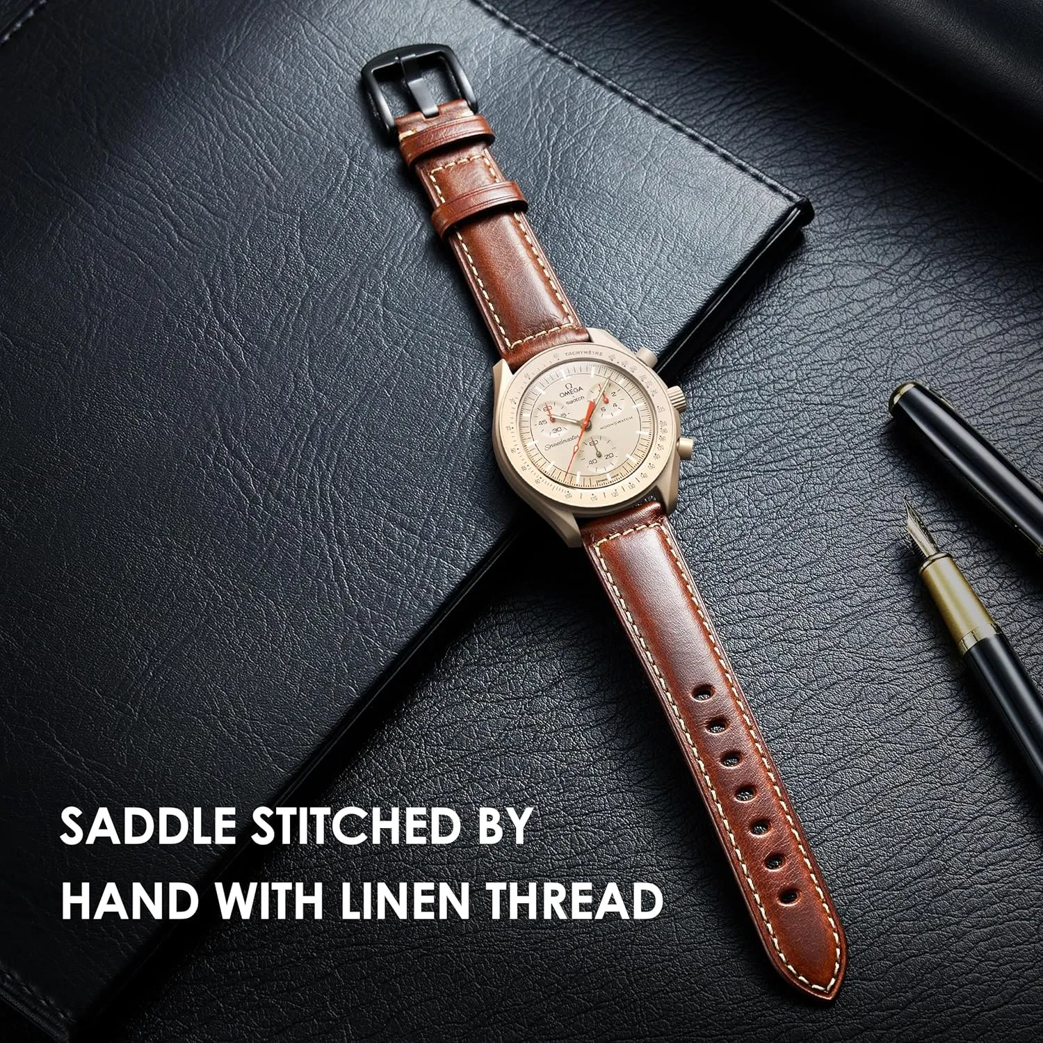 Omega Swatch Moonwatch Leather Strap Compatible with Omega X Swatch 20mm Watch, Quick Release Replacement Strap for Men & Women