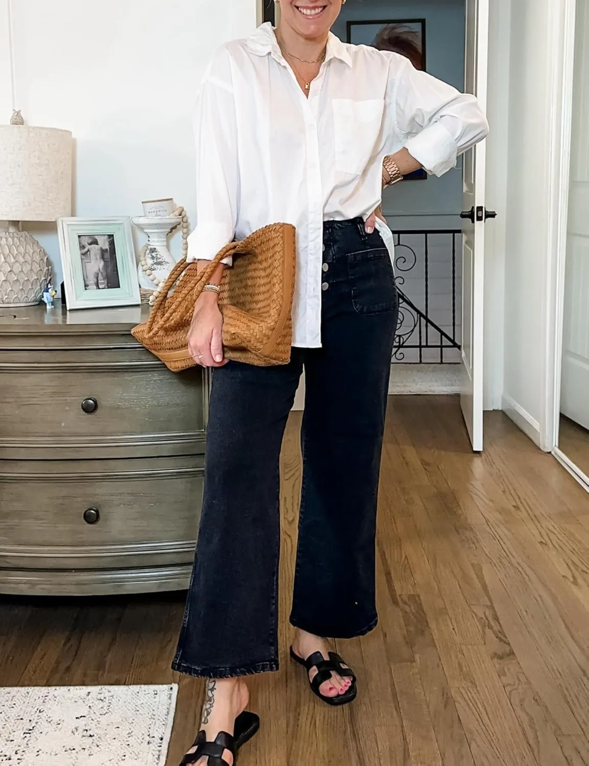 Omoone Wide Leg Jeans for Women High Waisted Stretchy Straight Leg Cropped Denim Pants Buttoned Baggy with Patch Pockets