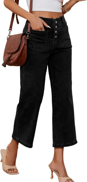 Omoone Wide Leg Jeans for Women High Waisted Stretchy Straight Leg Cropped Denim Pants Buttoned Baggy with Patch Pockets