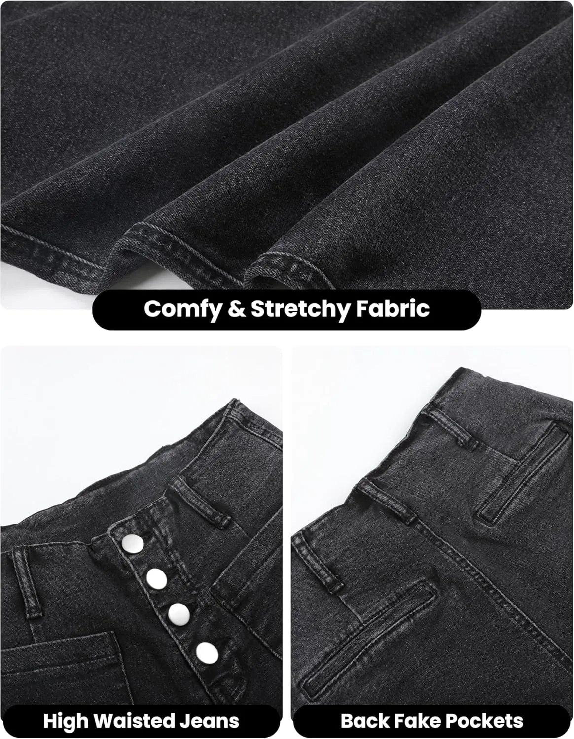 Omoone Wide Leg Jeans for Women High Waisted Stretchy Straight Leg Cropped Denim Pants Buttoned Baggy with Patch Pockets