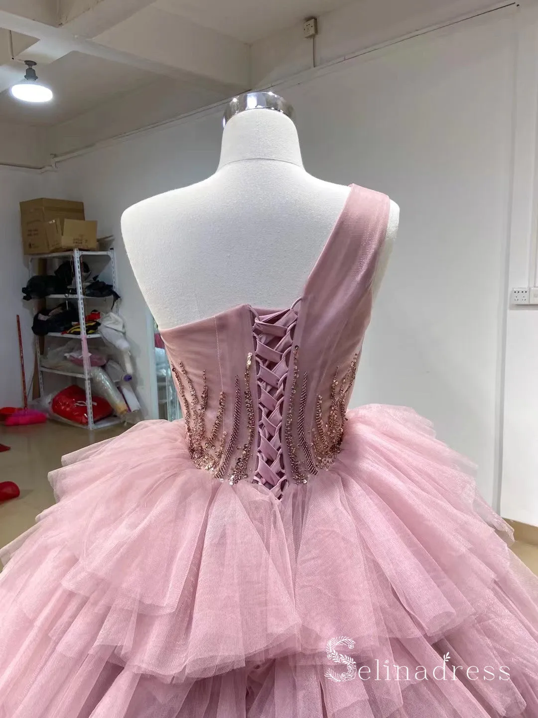 One Shoulder Beaded Long Prom Dress luxurious Ball Gown Evening Dress GRB294