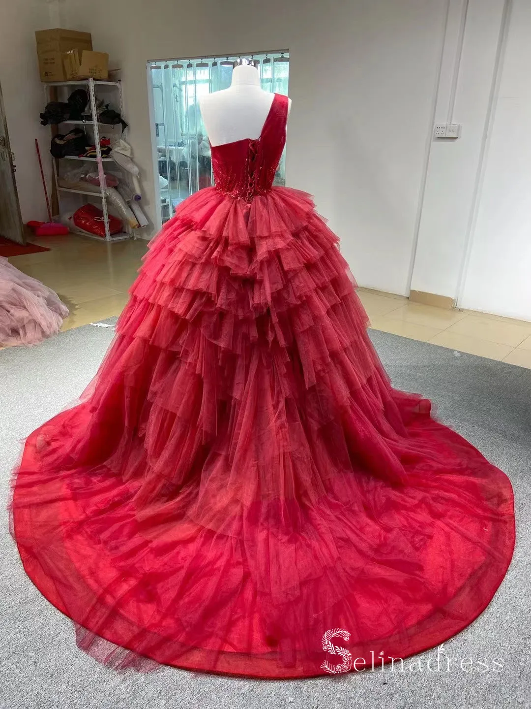 One Shoulder Beaded Long Prom Dress luxurious Ball Gown Evening Dress GRB294