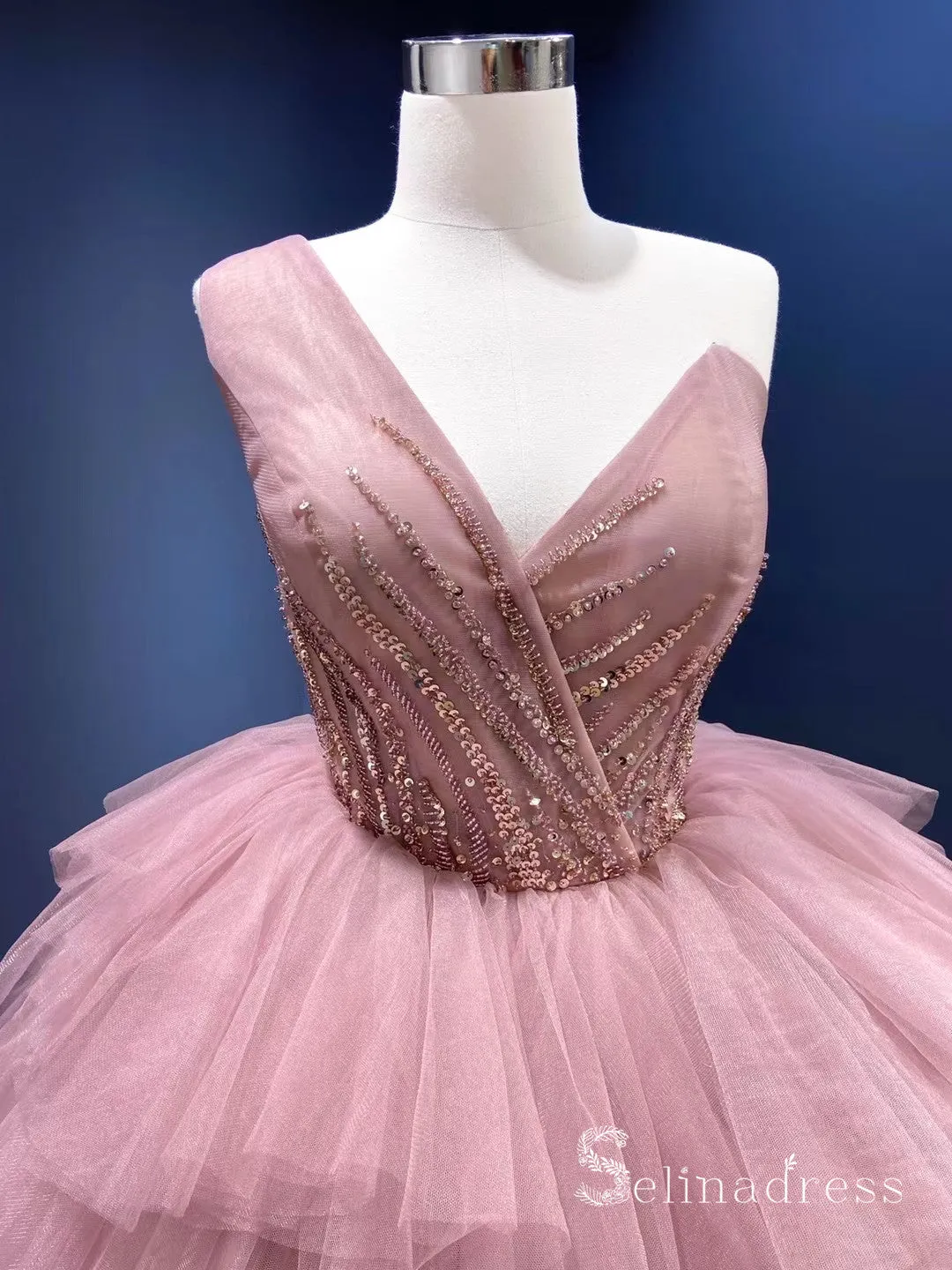 One Shoulder Beaded Long Prom Dress luxurious Ball Gown Evening Dress GRB294