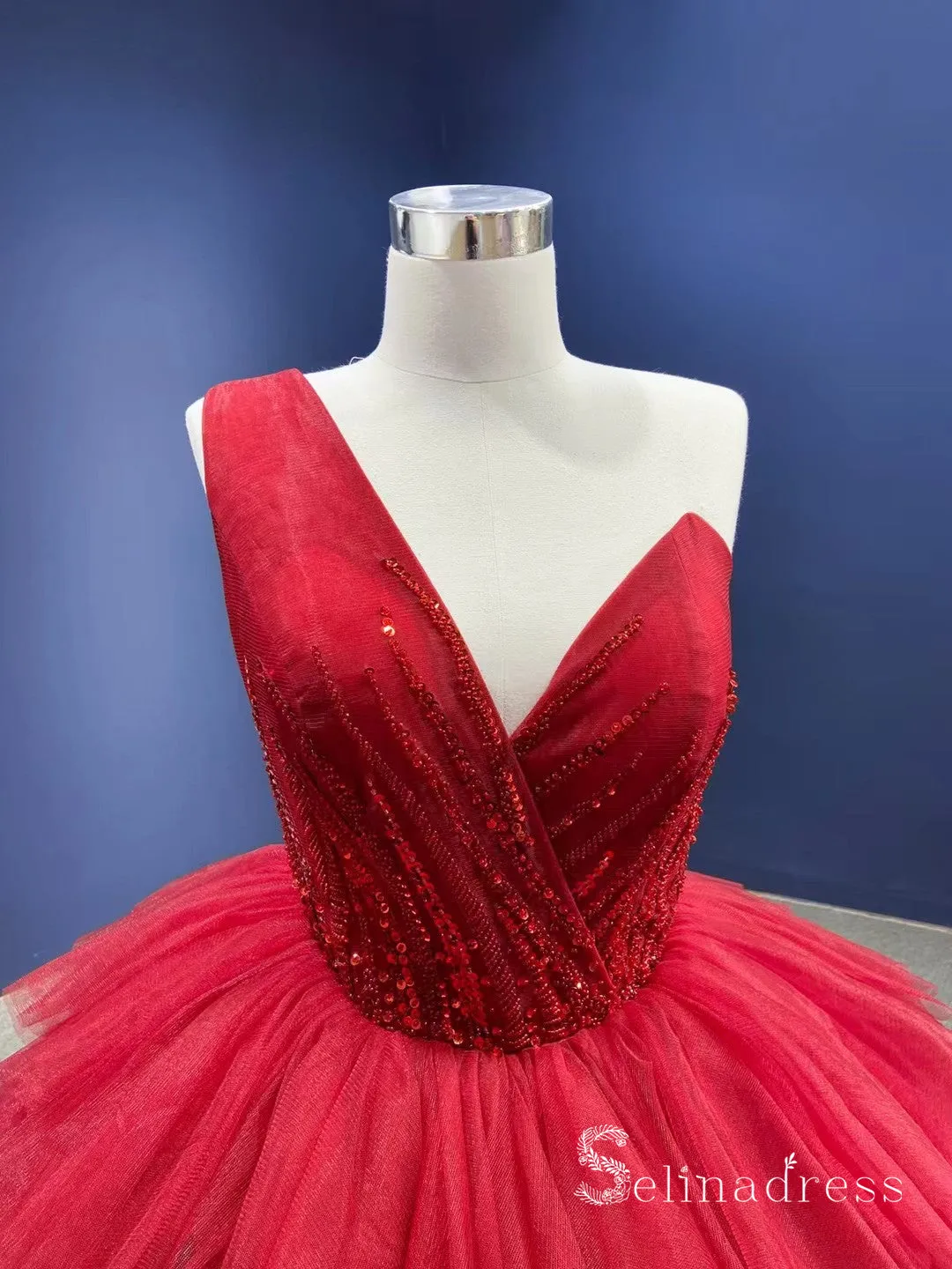 One Shoulder Beaded Long Prom Dress luxurious Ball Gown Evening Dress GRB294