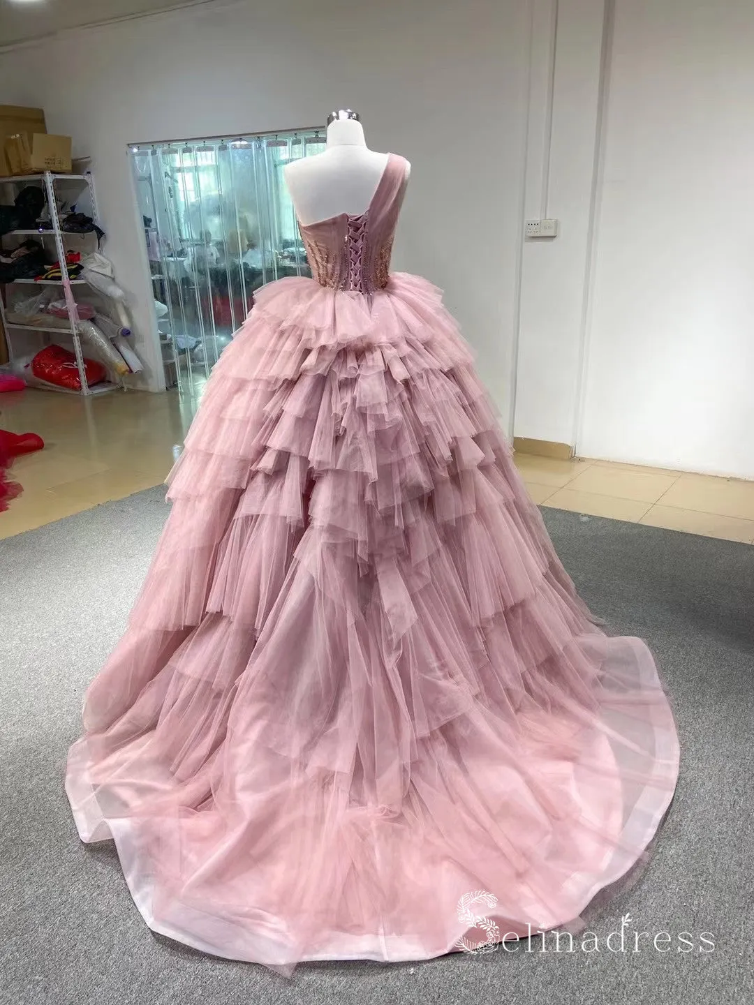 One Shoulder Beaded Long Prom Dress luxurious Ball Gown Evening Dress GRB294
