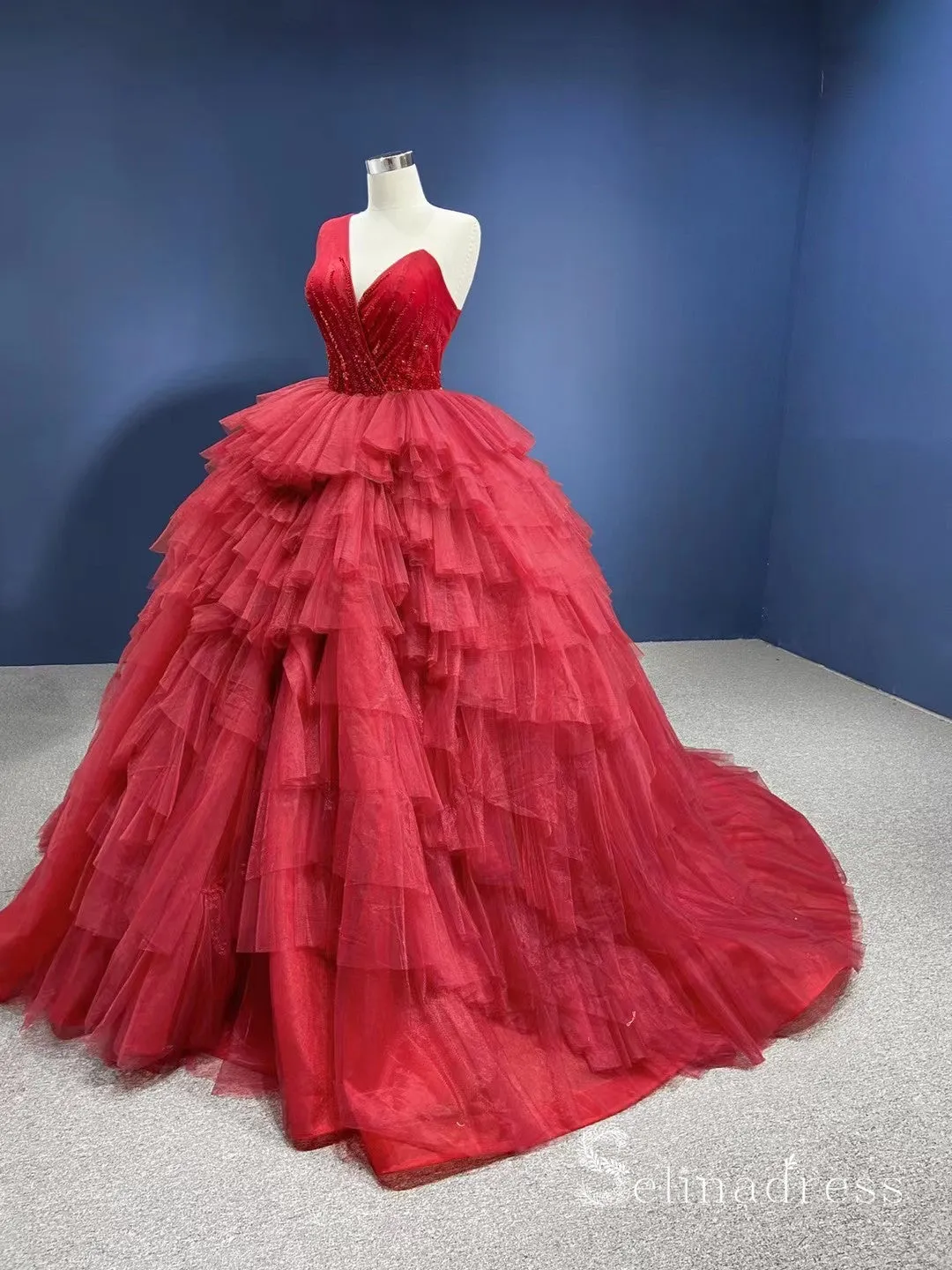 One Shoulder Beaded Long Prom Dress luxurious Ball Gown Evening Dress GRB294