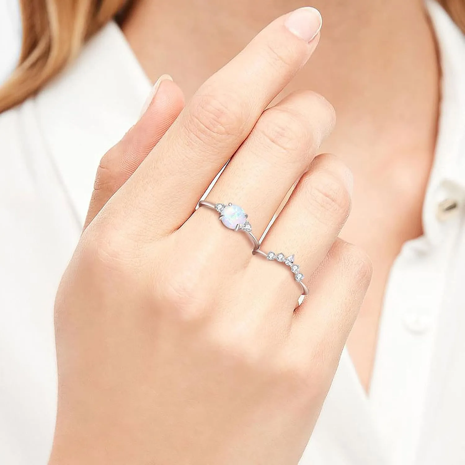 Opal Rings for Women,925 Sterling Silver Stackable Cubic Zirconia Ring Set Crown Rings Opal Stone Crystal Jewelry