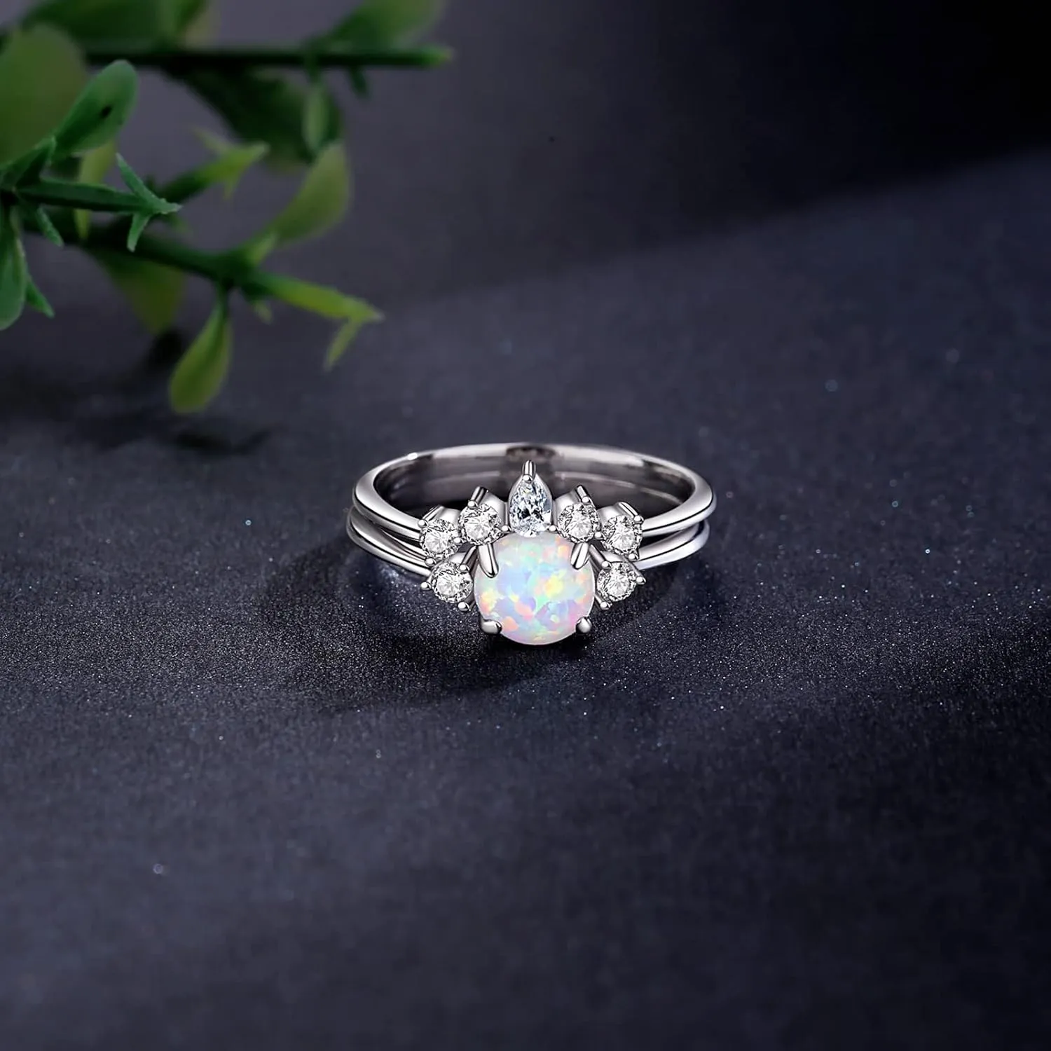 Opal Rings for Women,925 Sterling Silver Stackable Cubic Zirconia Ring Set Crown Rings Opal Stone Crystal Jewelry