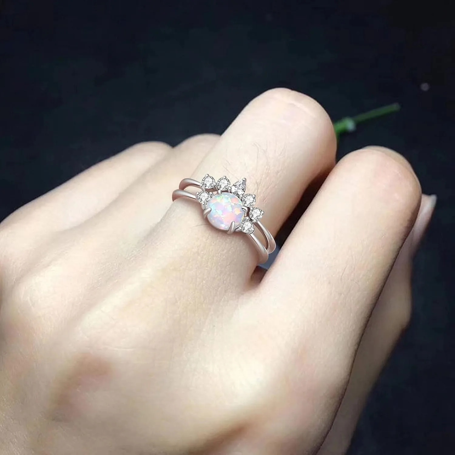 Opal Rings for Women,925 Sterling Silver Stackable Cubic Zirconia Ring Set Crown Rings Opal Stone Crystal Jewelry