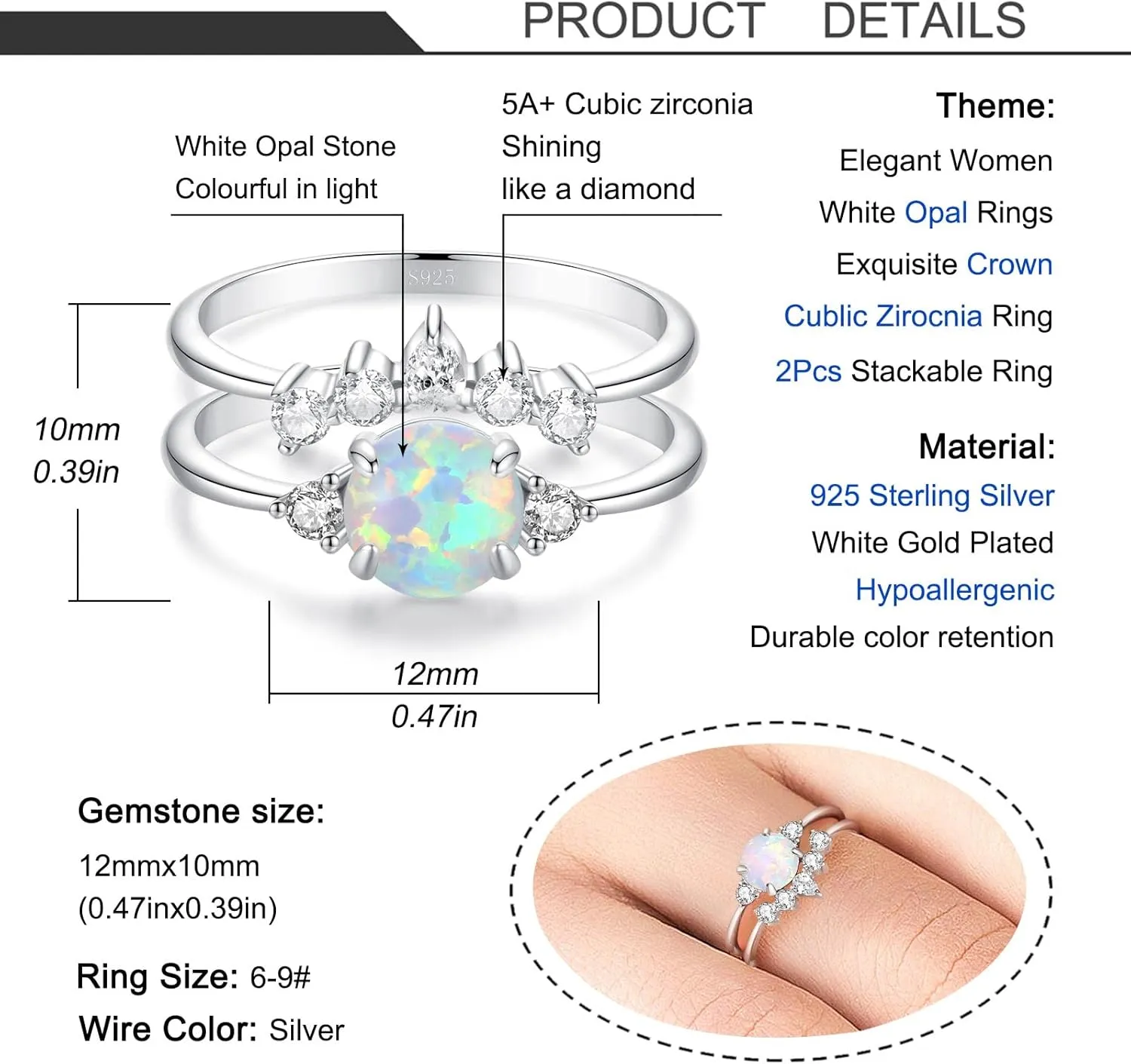Opal Rings for Women,925 Sterling Silver Stackable Cubic Zirconia Ring Set Crown Rings Opal Stone Crystal Jewelry