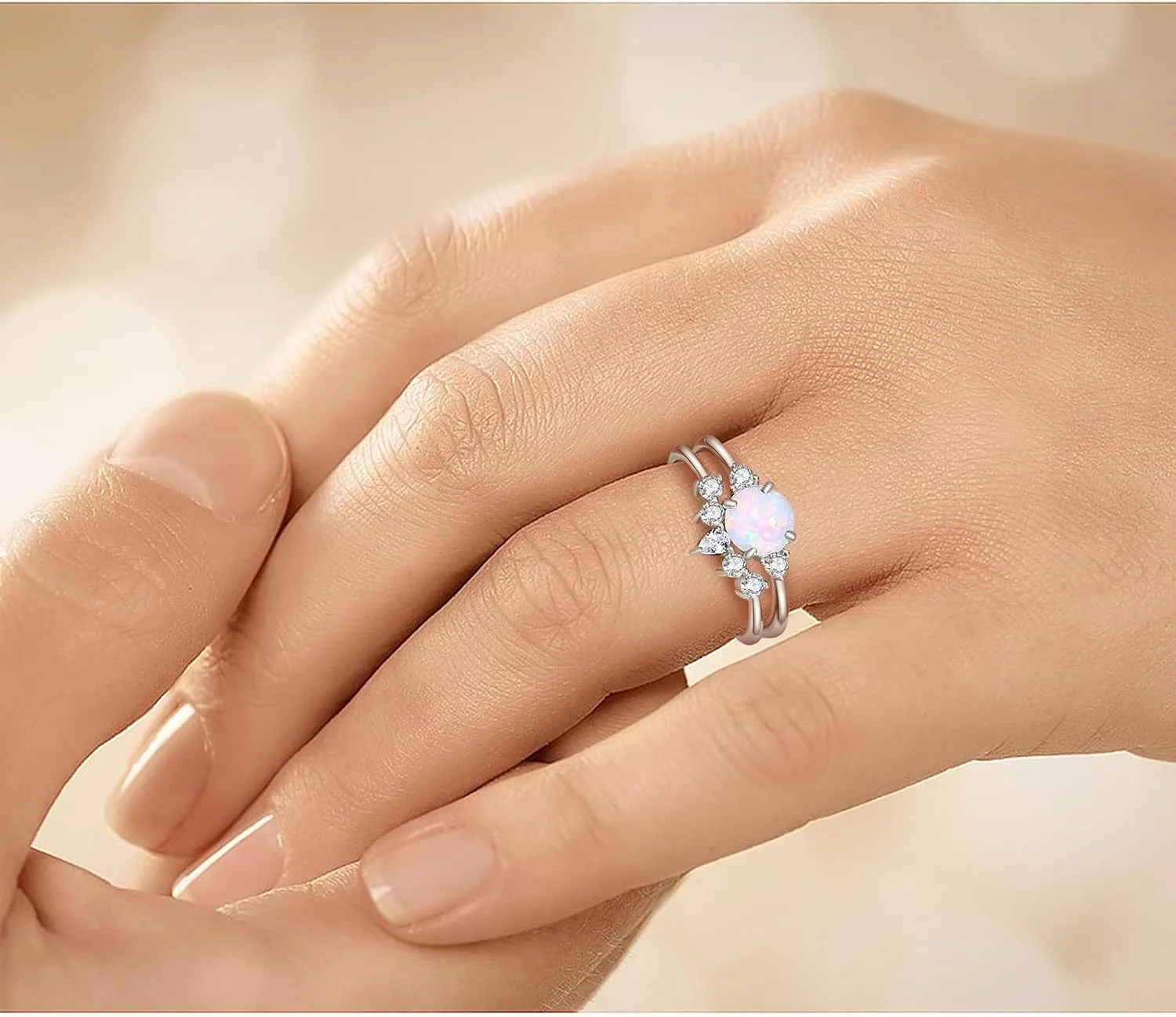 Opal Rings for Women,925 Sterling Silver Stackable Cubic Zirconia Ring Set Crown Rings Opal Stone Crystal Jewelry