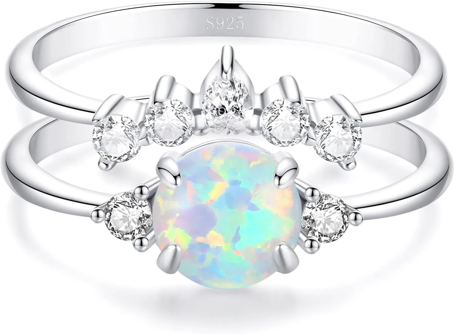 Opal Rings for Women,925 Sterling Silver Stackable Cubic Zirconia Ring Set Crown Rings Opal Stone Crystal Jewelry