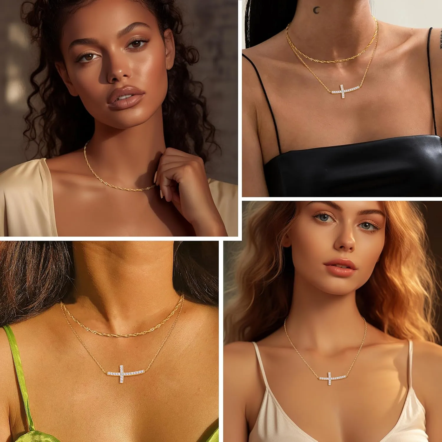 ORAZIO Cross Necklace for Women - 14K Gold Plated Layered Cross Necklace Cute CZ Cross Pendant Necklaces Dainty Sideways Cross Choker Necklaces Minimalist Twisted Chain Necklace Small Cross Layering Necklace Set