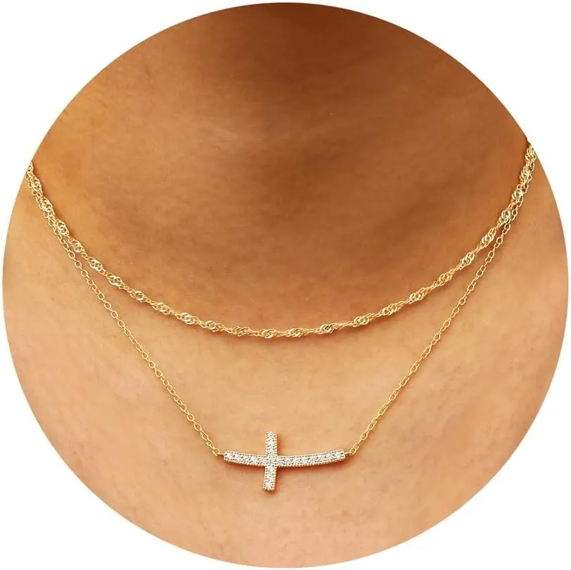 ORAZIO Cross Necklace for Women - 14K Gold Plated Layered Cross Necklace Cute CZ Cross Pendant Necklaces Dainty Sideways Cross Choker Necklaces Minimalist Twisted Chain Necklace Small Cross Layering Necklace Set