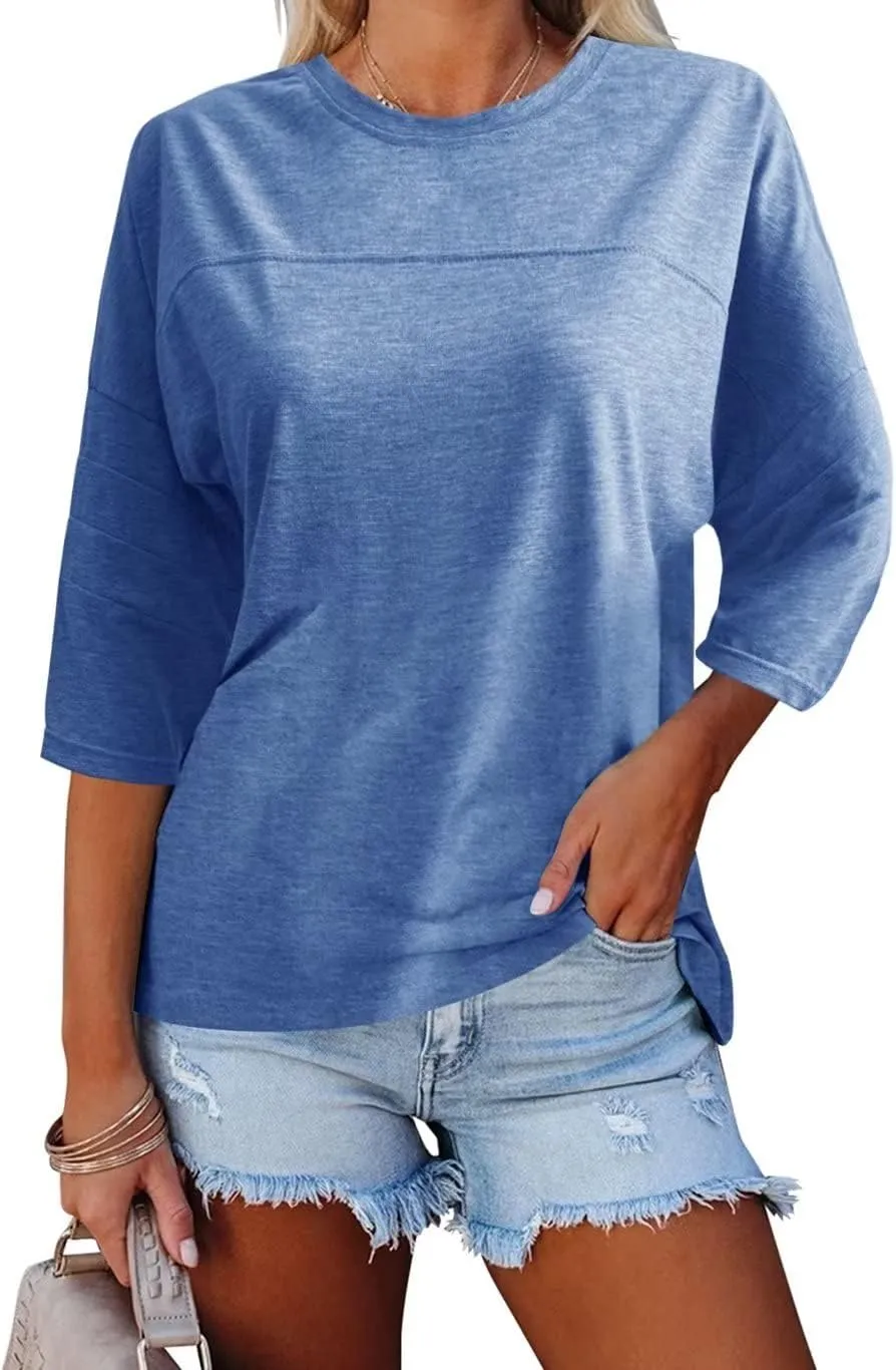Orchidays Womens Crew Neck 3/4 Sleeve Basic T-Shirts Solid Loose Cute Tunic Top Blouses