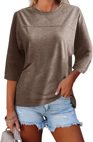 Orchidays Womens Crew Neck 3/4 Sleeve Basic T-Shirts Solid Loose Cute Tunic Top Blouses