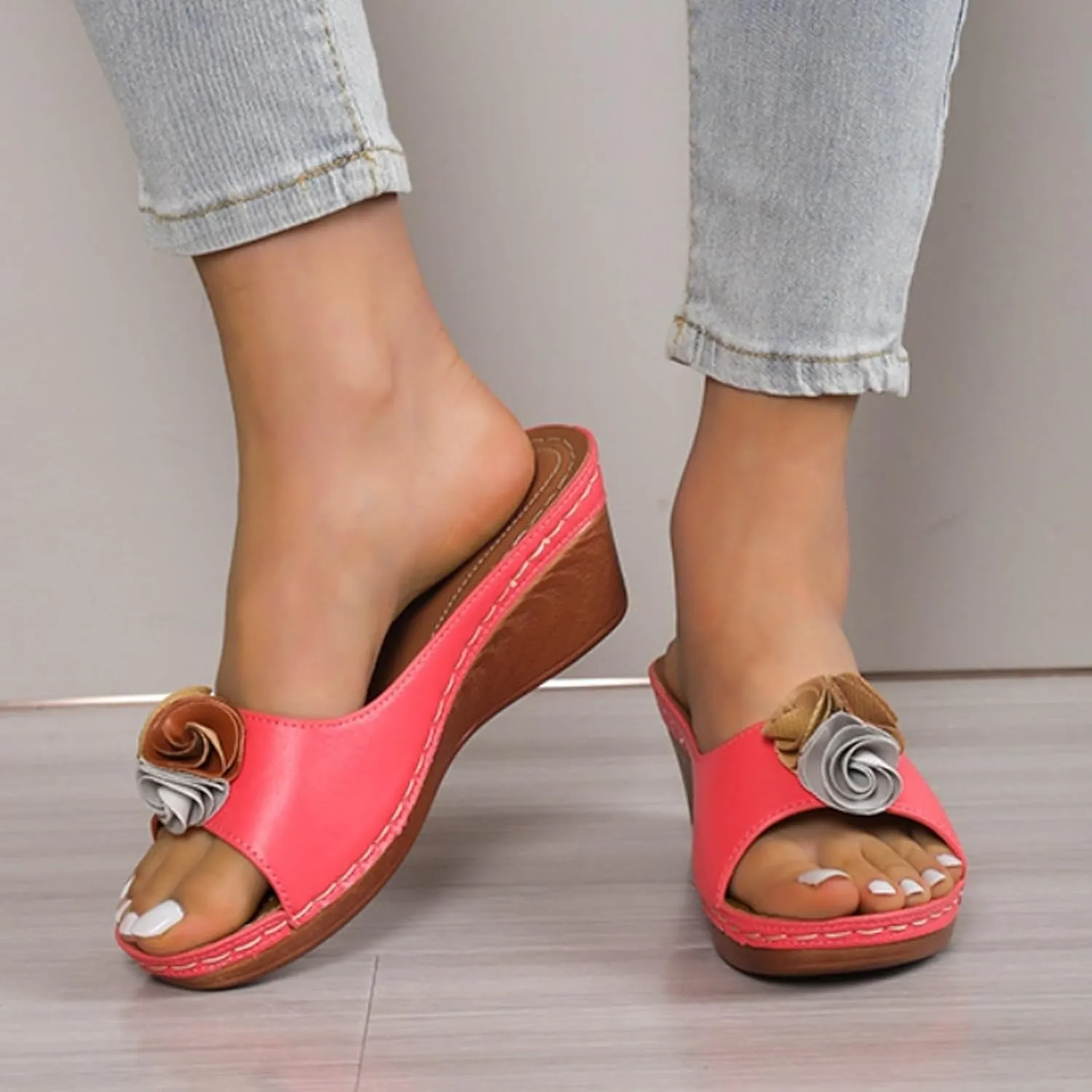 Orthopedic Sandals for Women Arch Support Low Open Toe Slides Slippers Summer Dressy Wedge Platform Flower Sandal