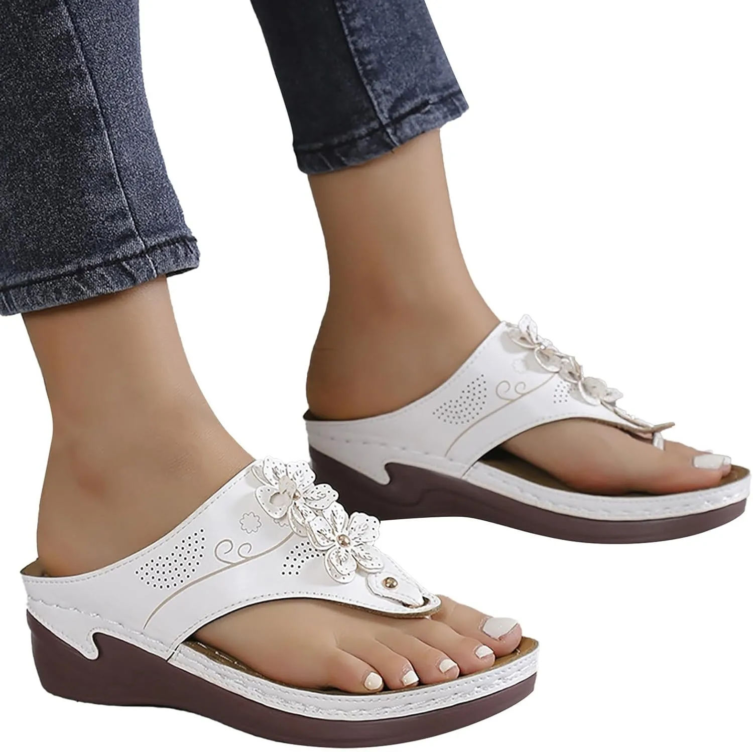 Orthopedic Sandals for Women Arch Support Sandals Women's Hollow Out Flower Breathable Shoes Comfort Plantar Fasciitis Slip on Slippers Platform Wedge Flip Flops