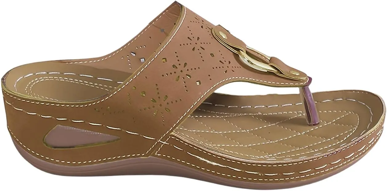 Orthopedic Sandals for Women Comfort Dressy Flip Flops Arch Support T-Stray Beach Walking Summer Hollow Metal Thick-Soled Slippers 2025 Wedge Casual Flat Open Toe Platform Non-Slip Dress Shoes