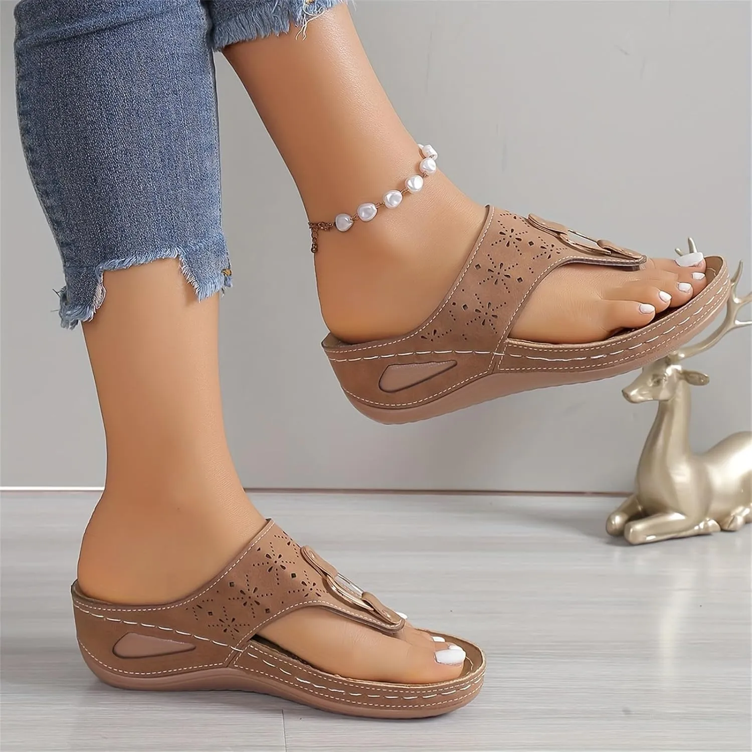 Orthopedic Sandals for Women Comfort Dressy Flip Flops Arch Support T-Stray Beach Walking Summer Hollow Metal Thick-Soled Slippers 2025 Wedge Casual Flat Open Toe Platform Non-Slip Dress Shoes