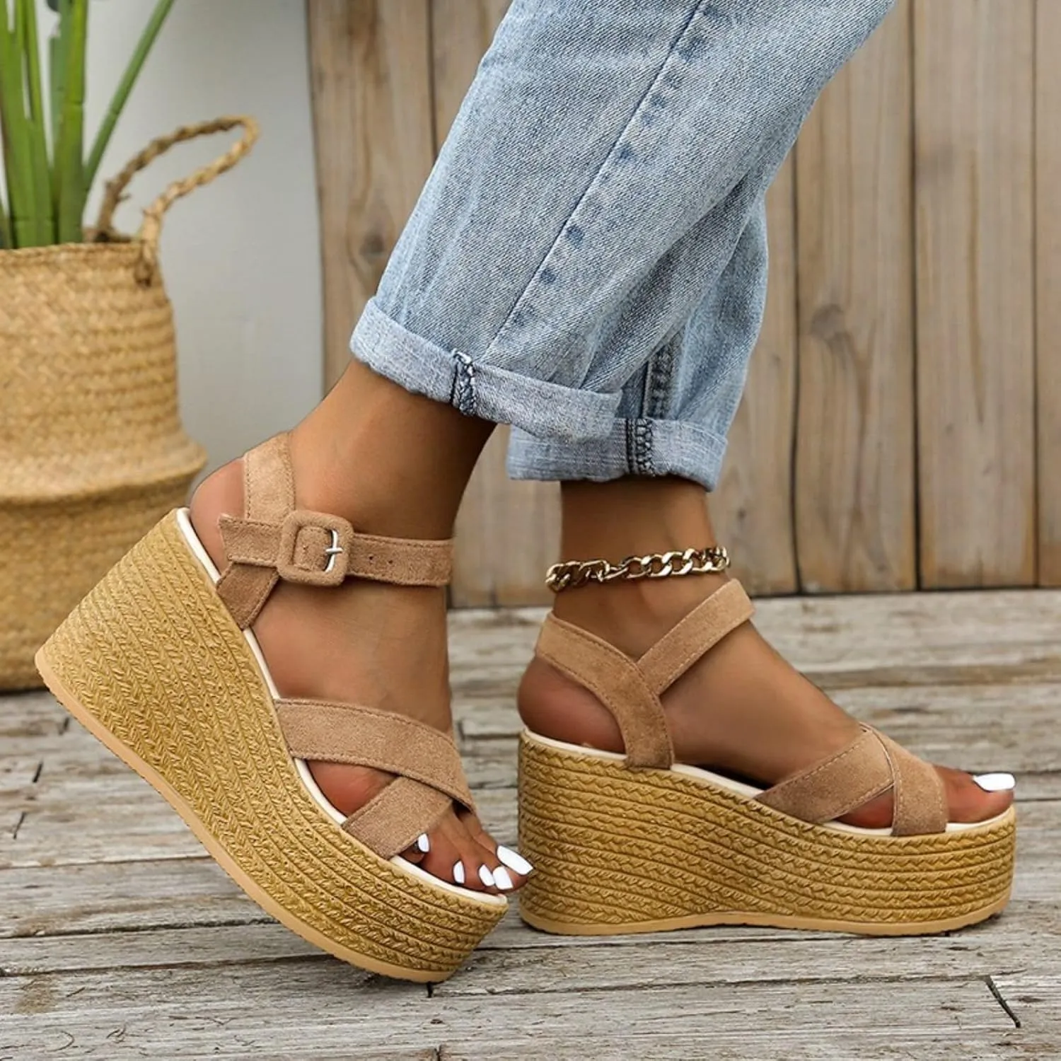 Orthopedic Sandals for Women High Heel Wedge Platform Sandals Adjustable Ankle Strap Sandal Buckle Wide Width Open Toe Sandal Woven Flax Slip-On Shoes