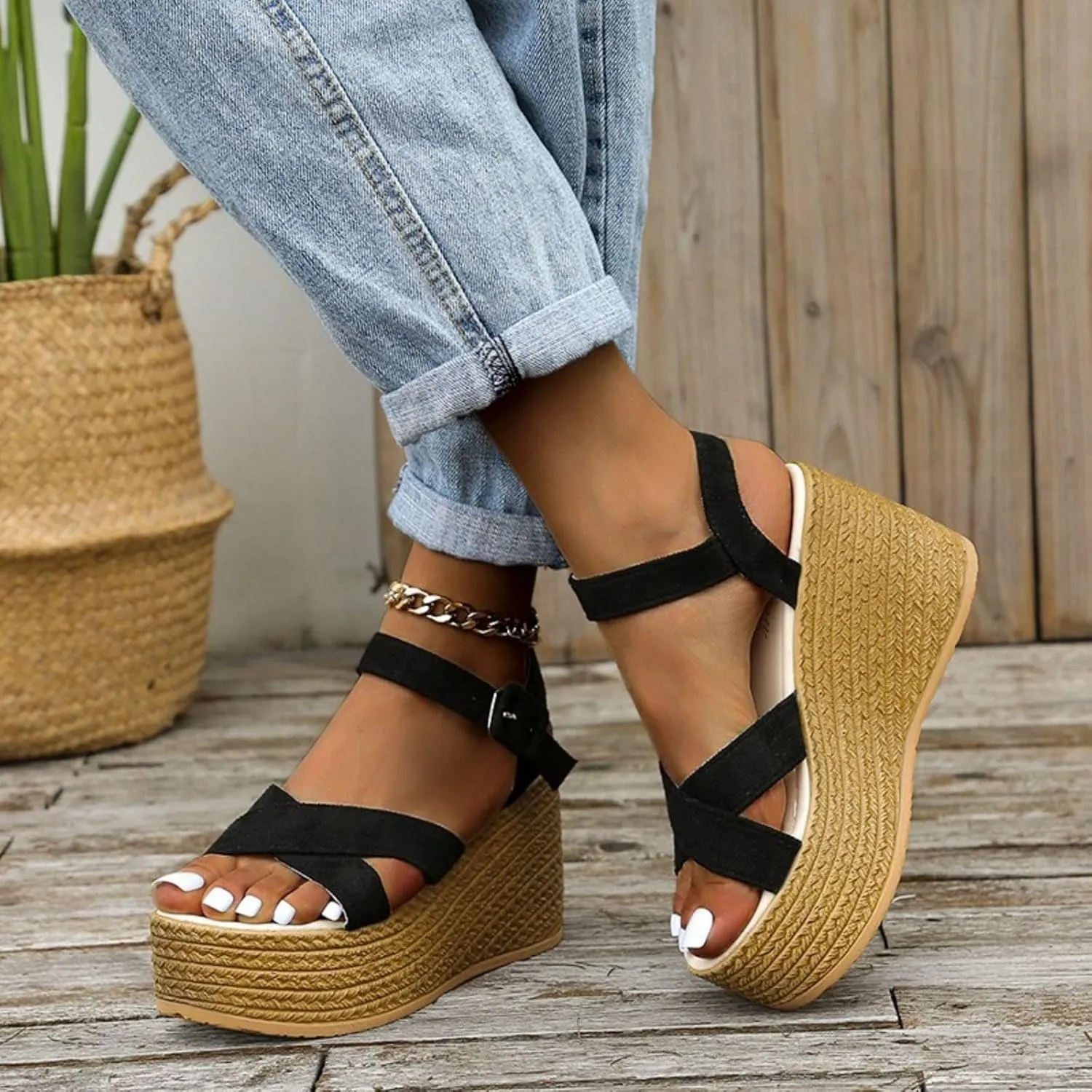 Orthopedic Sandals for Women High Heel Wedge Platform Sandals Adjustable Ankle Strap Sandal Buckle Wide Width Open Toe Sandal Woven Flax Slip-On Shoes
