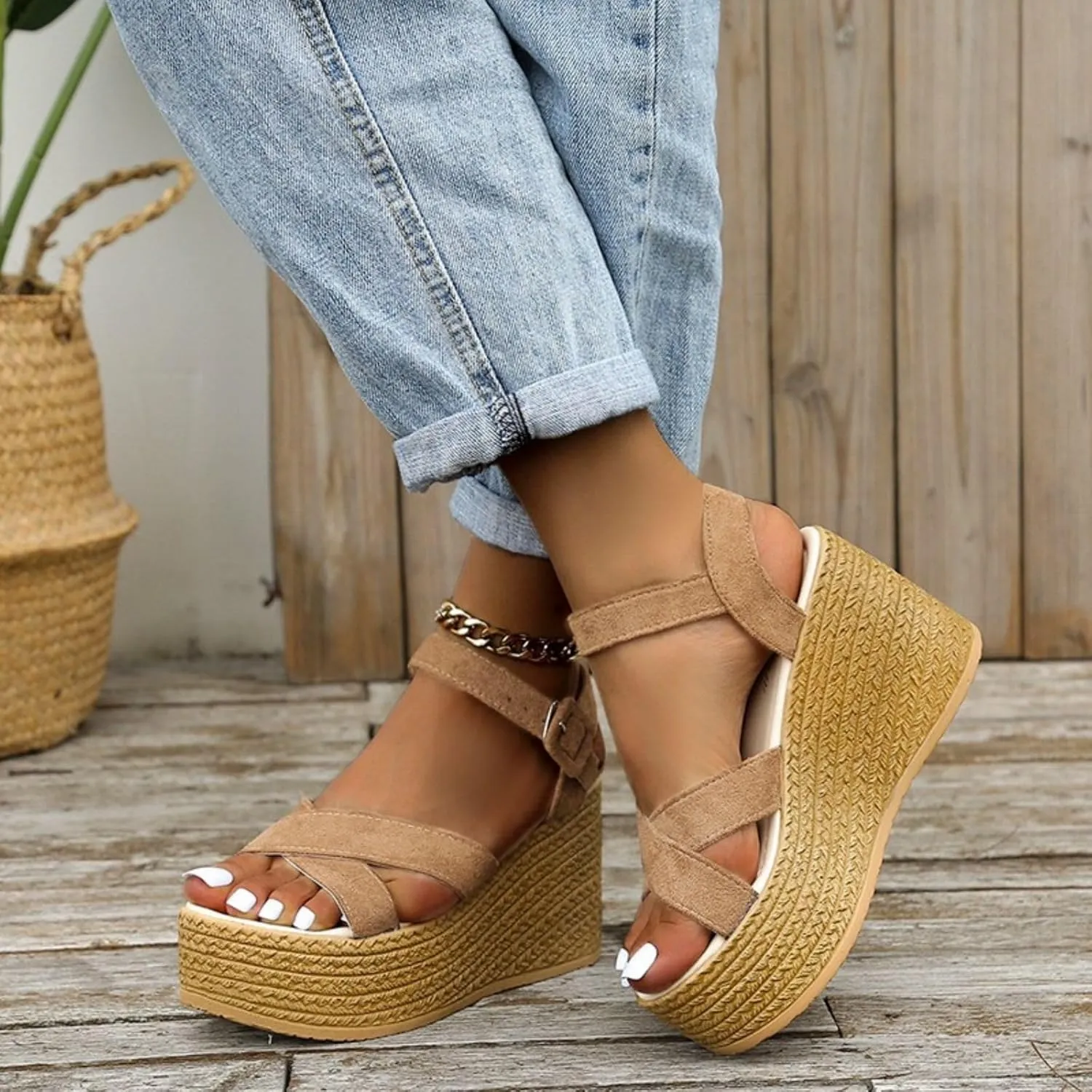 Orthopedic Sandals for Women High Heel Wedge Platform Sandals Adjustable Ankle Strap Sandal Buckle Wide Width Open Toe Sandal Woven Flax Slip-On Shoes